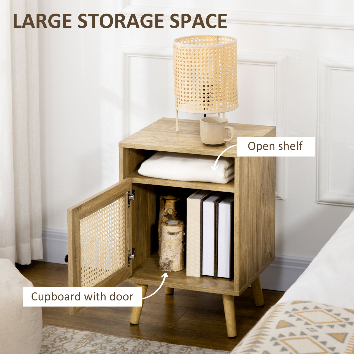 Natural wood HOMCOM rattan nightstand featuring a cabinet and shelf, ideal for bedside storage and decor.
