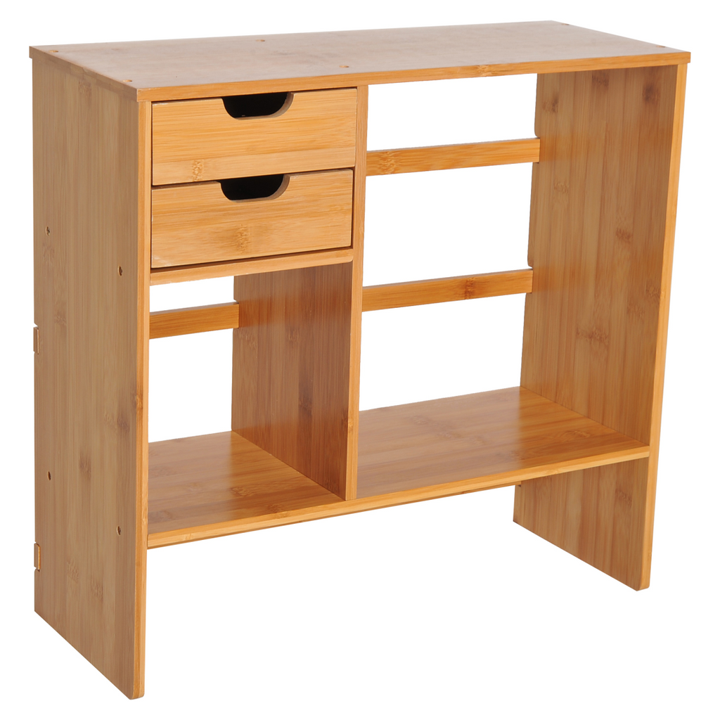 HOMCOM bamboo desk organiser with 180-degree rotatable design and two drawers for efficient desktop storage.