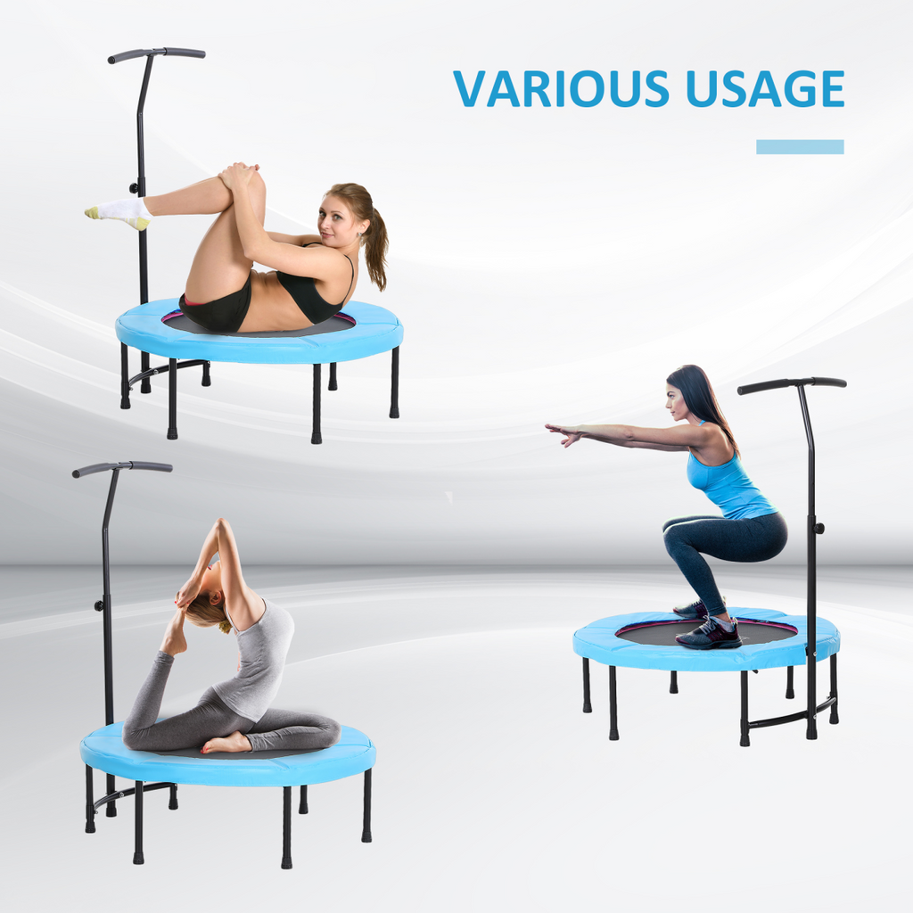 40" mini trampoline with adjustable handle, suitable for kids and adults, designed for fitness and rebounding activities.