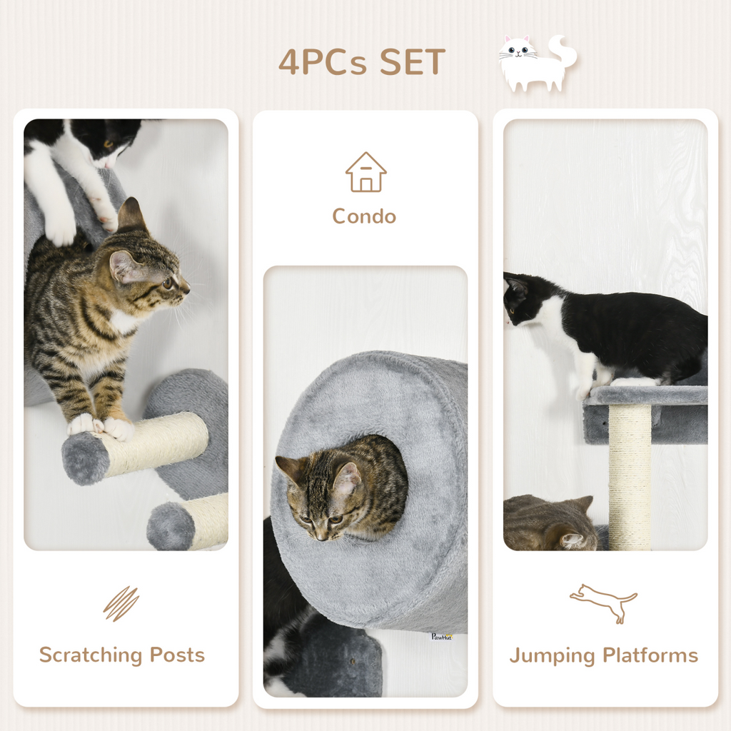 Four-Piece Wall-Mounted Cat Tree with Platforms, Steps, Perch, Cat House - Grey