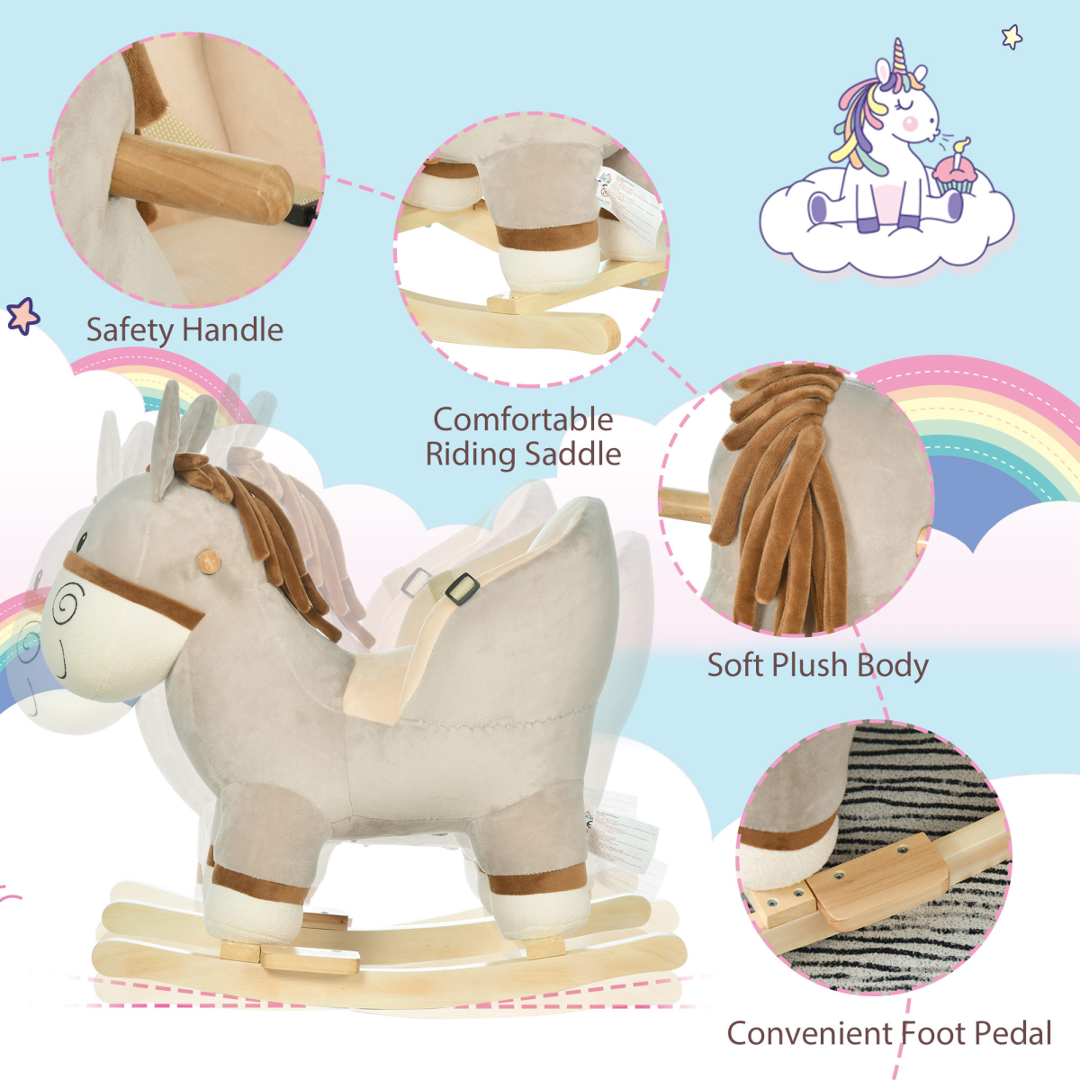 Kids rocking donkey plush ride-on toy with sound button and seat belt, suitable for ages 18-36 months.