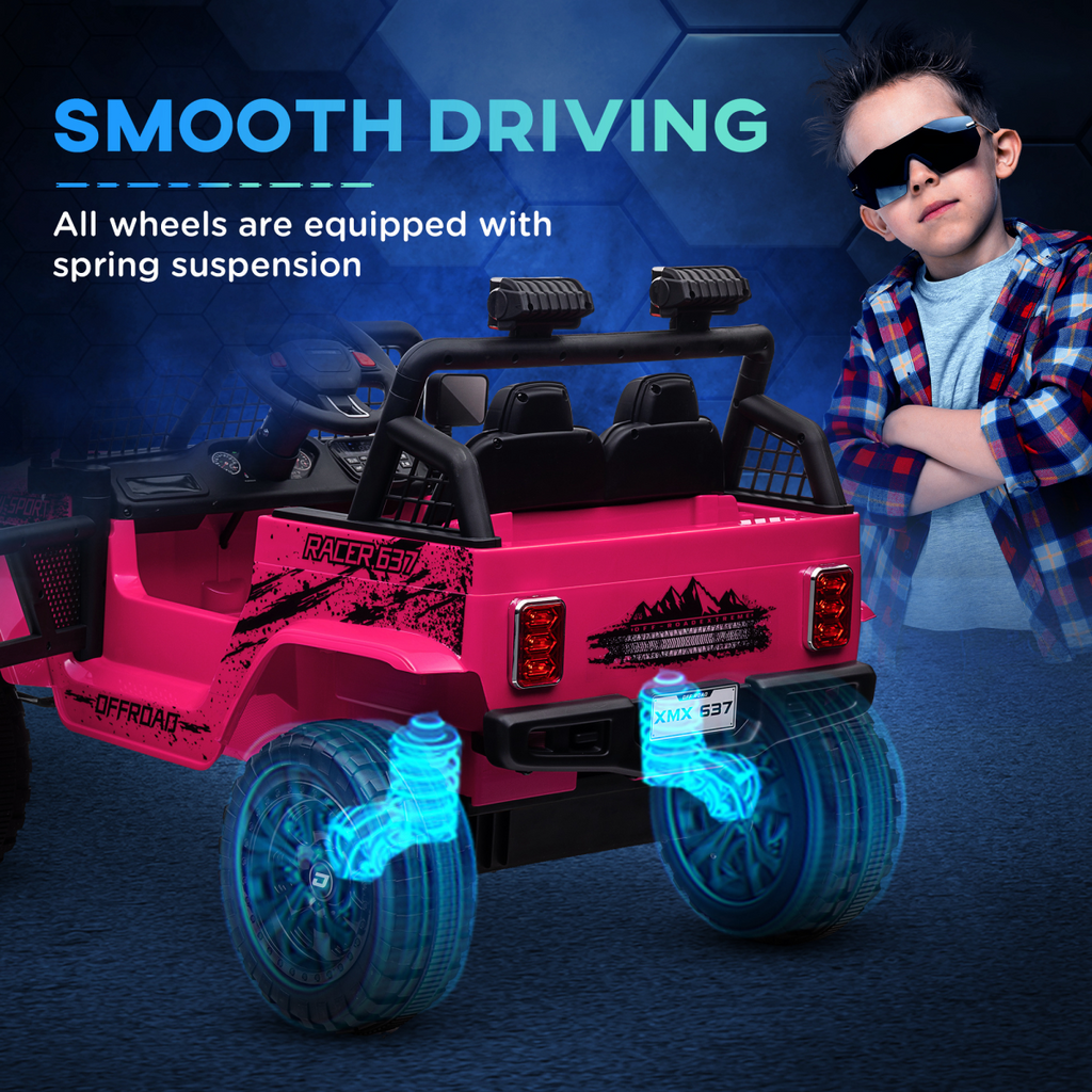 AIYAPLAY pink 12V electric truck for kids with suspension, designed for fun outdoor riding adventures.