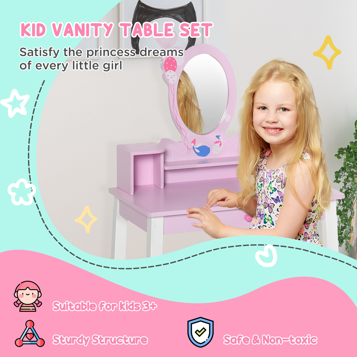 Kids pink dressing table and stool set with mirror and storage, featuring fun cartoon patterns from FunZone.