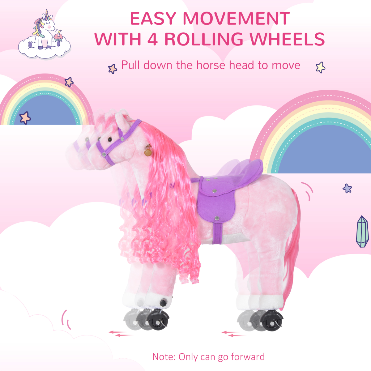 Child-sized plush mechanical walking horse toy by HOMCOM with sound features, designed for fun and active play.