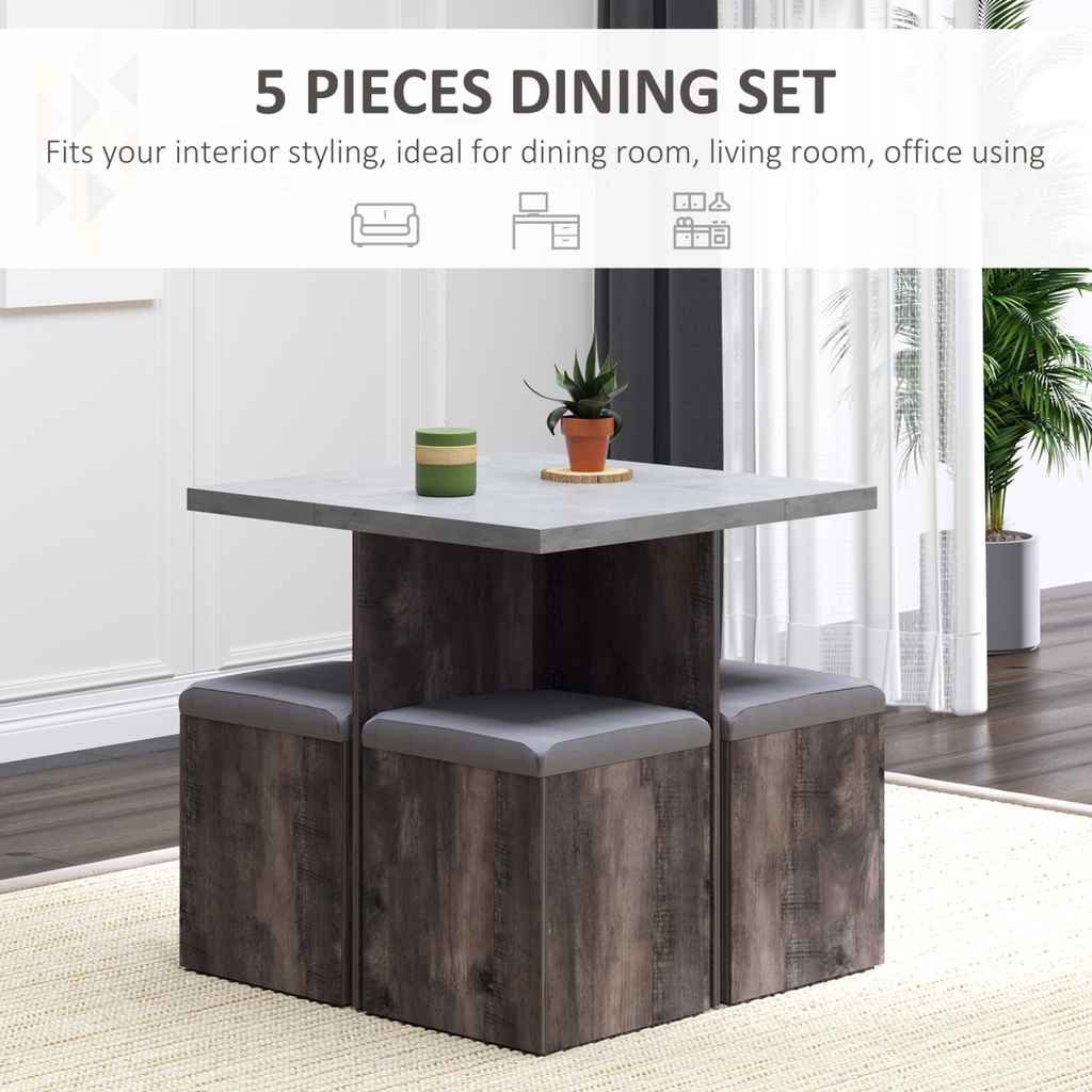 HOMCOM 5-piece garden dining set featuring a square table and four grey ottoman seats with storage.