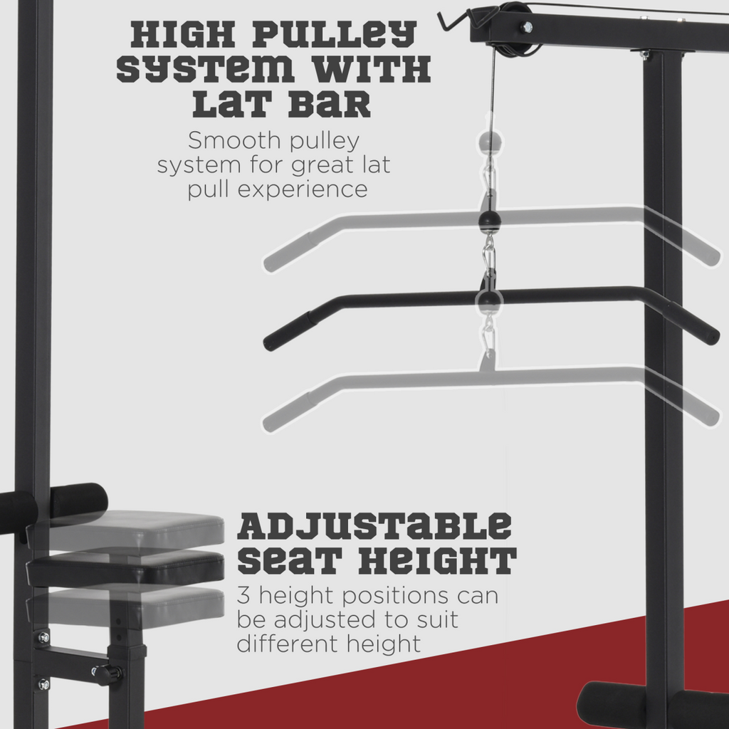 Exercise pulldown machine power tower with adjustable seat and cables for strength training workouts.