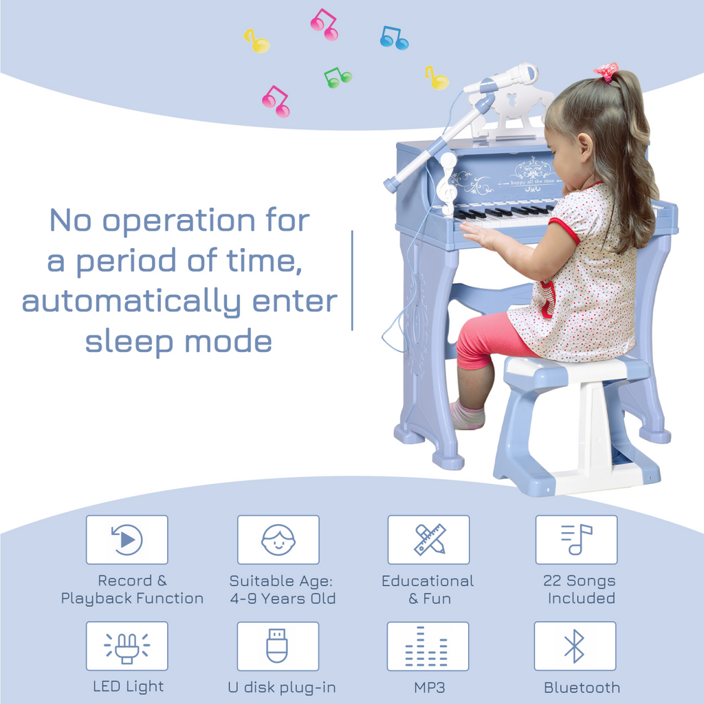 37-key HOMCOM electric keyboard piano with microphone and stool, perfect for kids' musical education and fun.