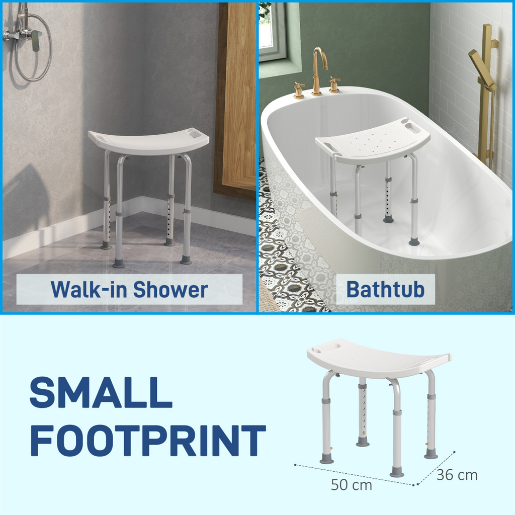 Adjustable height mobility shower stool with aluminum frame and non-slip surface, perfect for safe bathing.