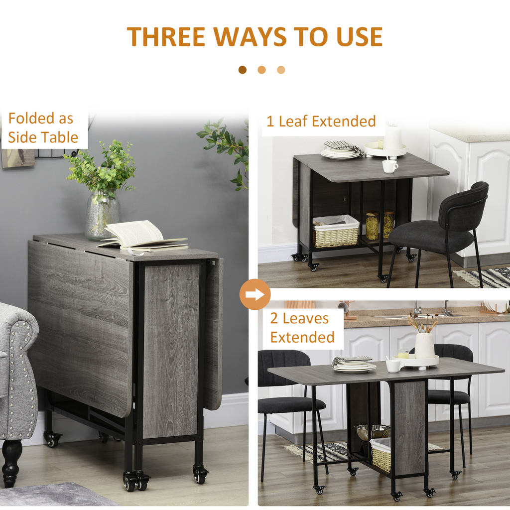 Extendable HOMCOM mobile drop leaf dining table with wheels, seating up to 6, shown in a stylish home setting.
