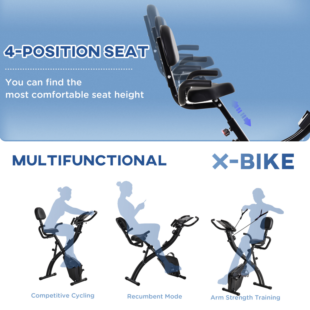 2-in-1 upright exercise bike in black with 8-level adjustment and pulse sensor, featuring a sleek design and ergonomic seat.