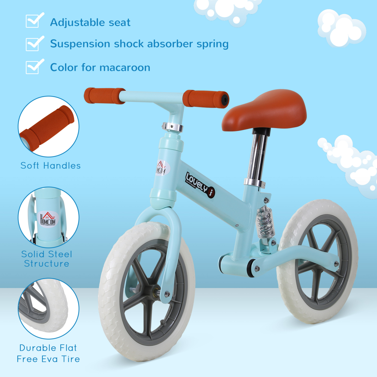 Kids balance bike with adjustable seat, designed for ages 2-5, featuring a sturdy frame and no pedals for easy learning.
