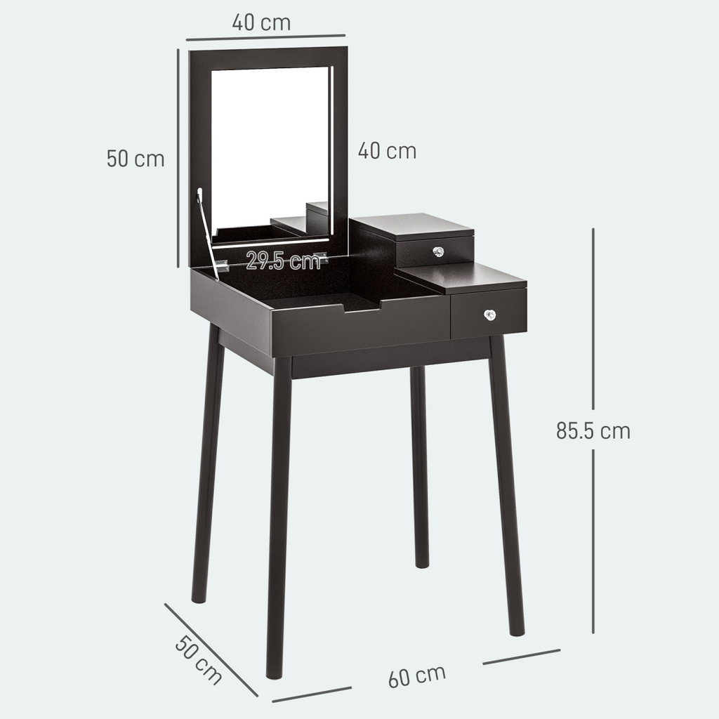 Black Dressing Table with Flip-Up Mirror & 2 Drawers - Space-Saving Vanity