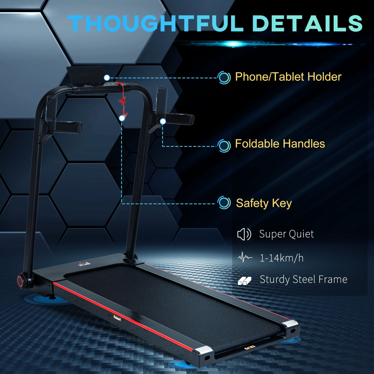 HOMCOM electric folding treadmill with wheels, safety button, and LED monitor in a compact design.