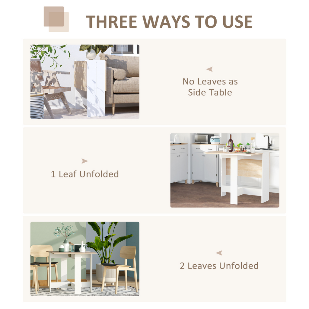 HOMCOM oak white drop leaf folding table, seating 6, showcasing a space-saving and multifunctional design.