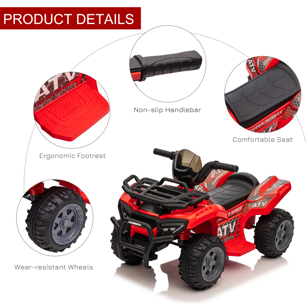 Red HOMCOM 6V Kids Electric Ride on Car, toddler quad bike ATV for ages 18-36 months, showcasing fun design and sturdy build.