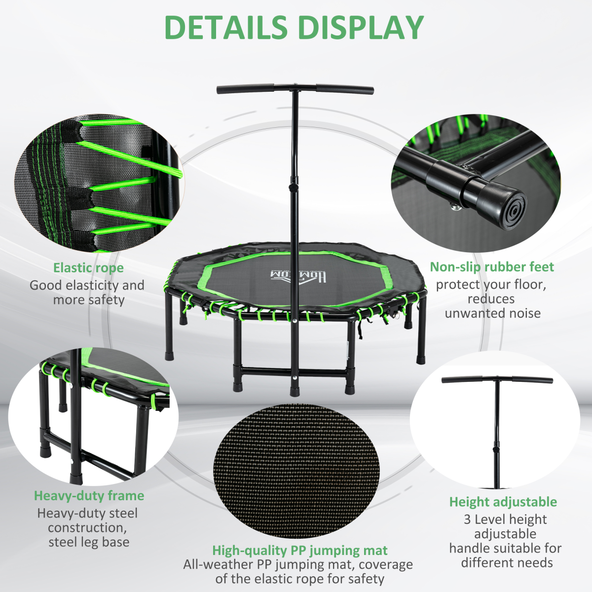 Green foldable trampoline by HOMCOM with adjustable handle, designed for adults and teens in an active setting.