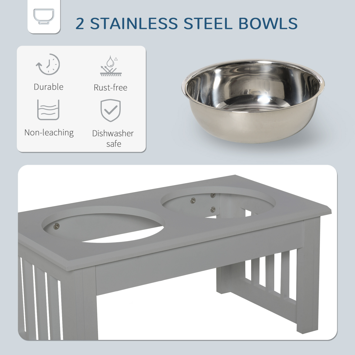 PawHut Raised Dog Bowls Pet Feeder Raised Elevated Stainless Steel Food Grey