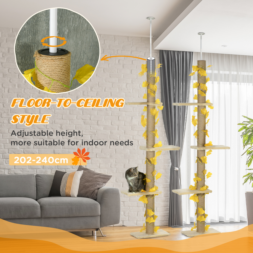 Yellow adjustable floor-to-ceiling cat tree by PawHut with anti-slip kit, designed for climbing and play.