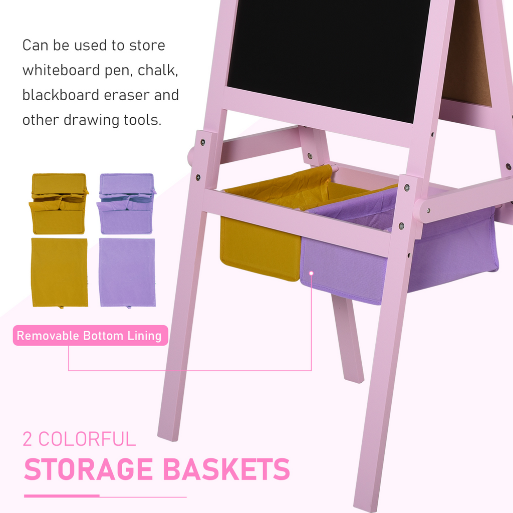 Kids wooden art easel with paper roll and double-sided chalkboard, perfect for creative play and learning. FunZone brand.