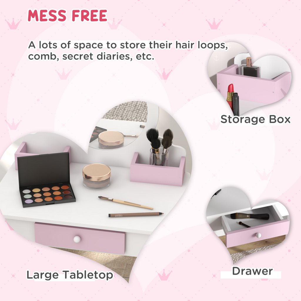 Kids Dressing Table with Mirror and Stool - Drawer & Storage Boxes - White