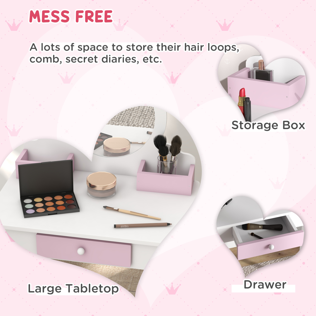 Kids Dressing Table with Mirror and Stool - Drawer & Storage Boxes - White