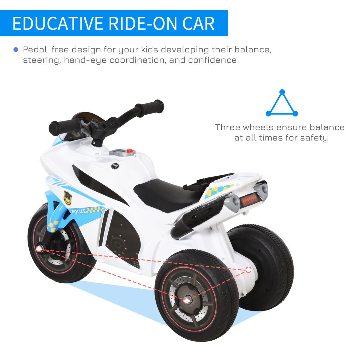 Kids ride-on police bike with three wheels, music, and lights, designed for ages 18-36 months by FunZone.