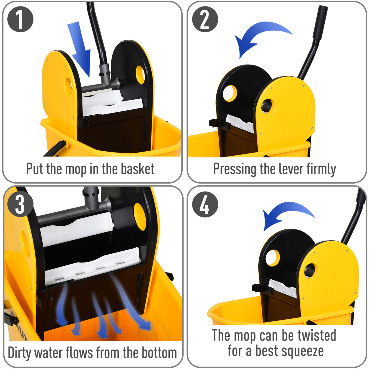 HOMCOM yellow 26L mop bucket with water wringer and four wheels, featuring a durable plastic body for easy mobility.