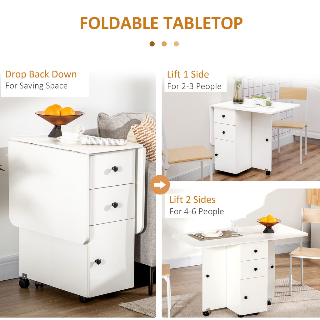 White folding dining table with storage drawers, drop leaf design, seating for 6, by HOMCOM. Ideal for small spaces.
