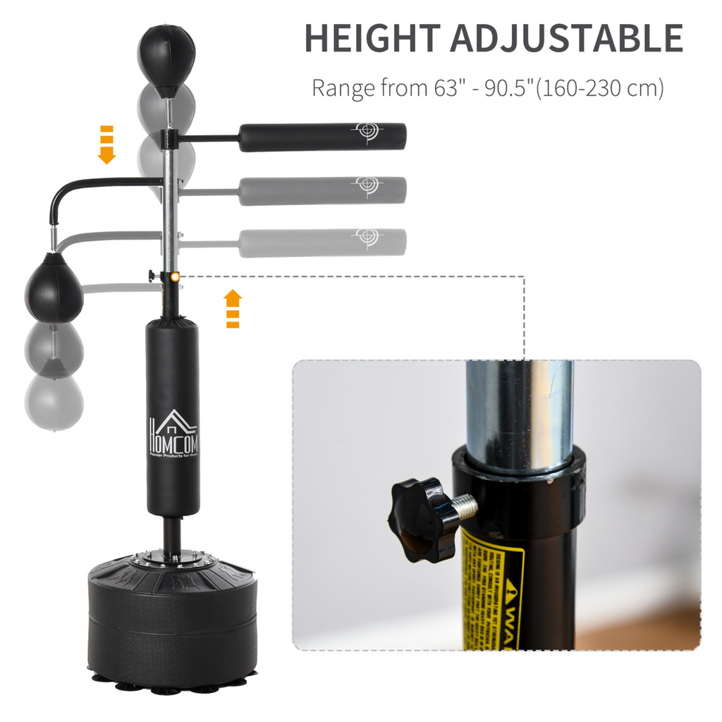 3-in-1 punching bag with stand, featuring two speedballs and a 360° reflex bar for versatile training.