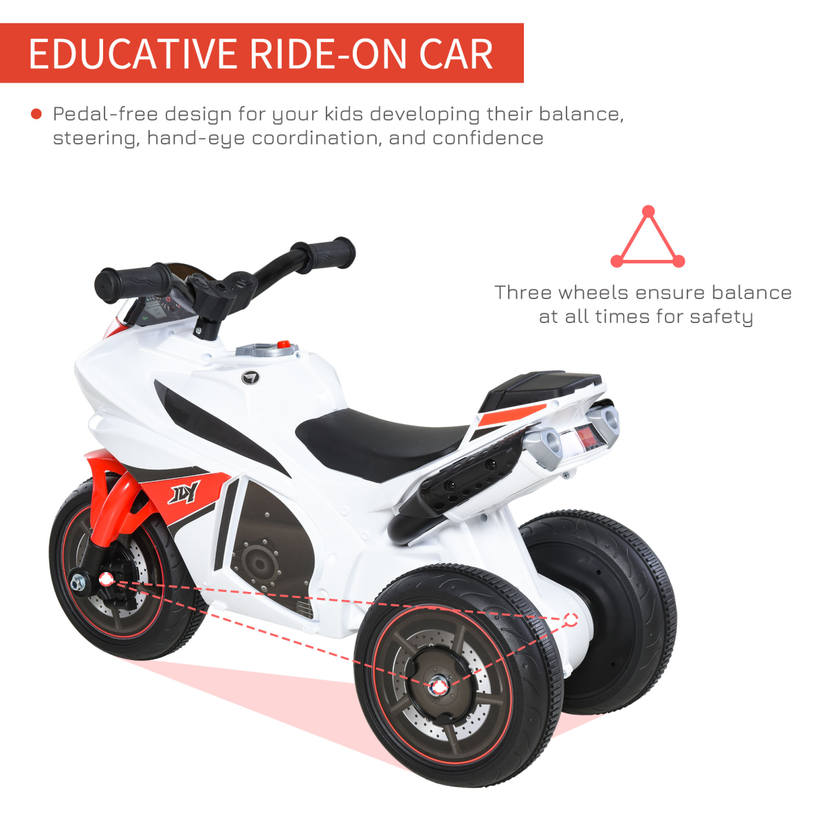 Kids ride-on police bike by FunZone, featuring 3 wheels, music, and lights for ages 18-36 months.