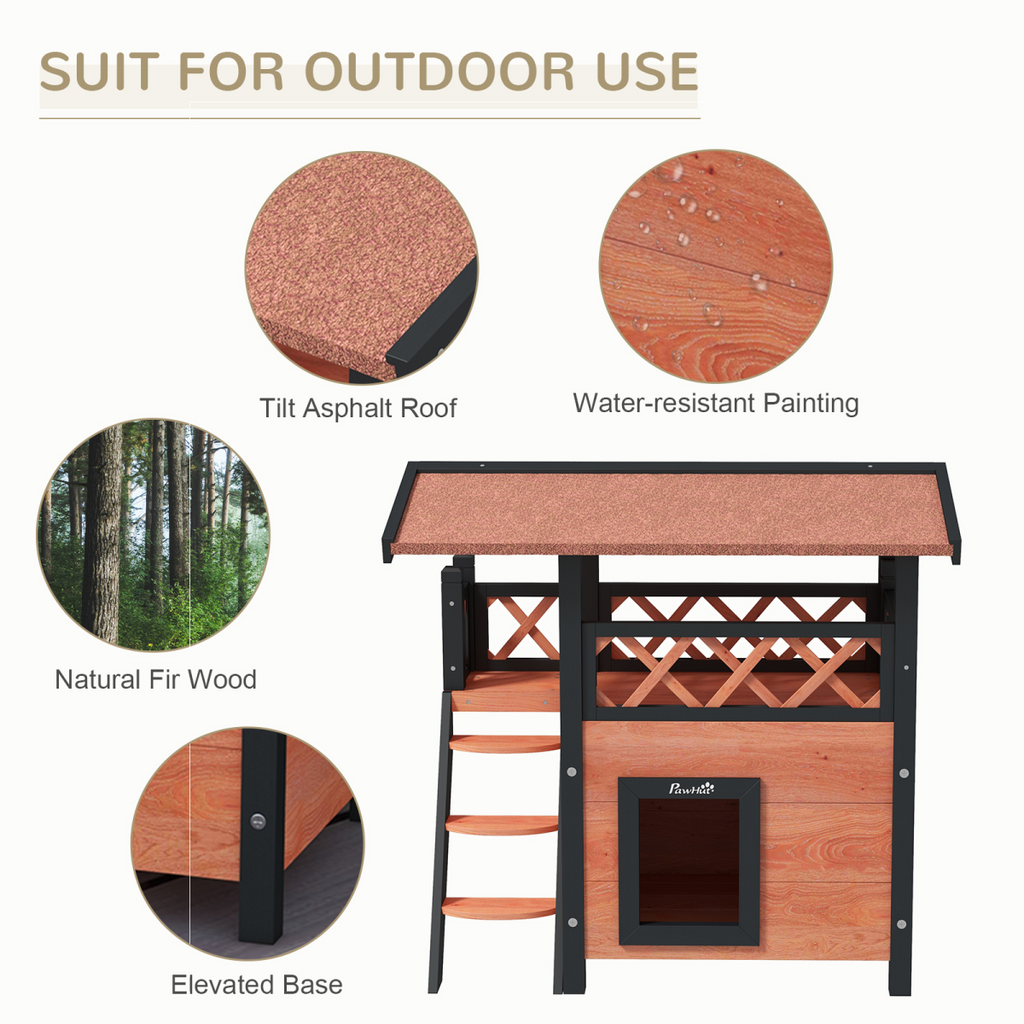 Brown PawHut outdoor cat house featuring balcony, stairs, and roof for pets in a natural setting.