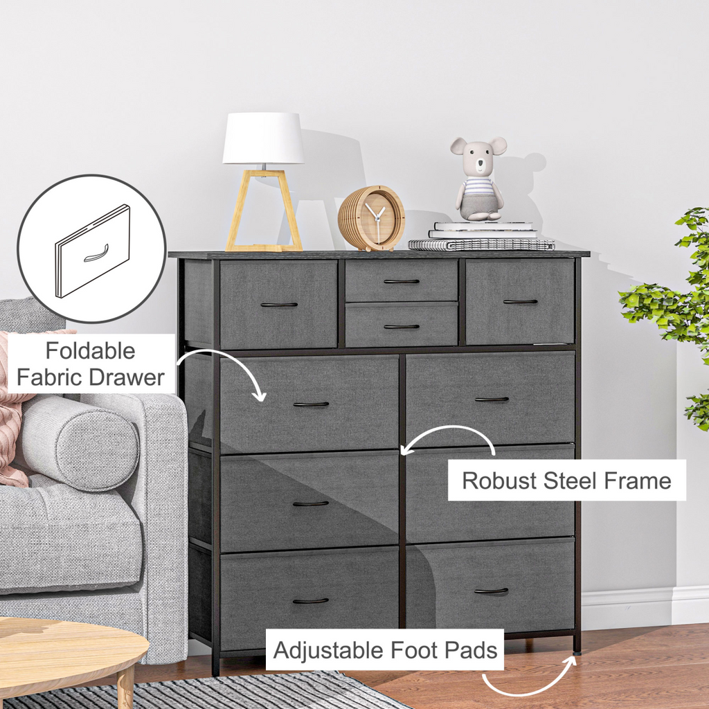 Black 10-drawer fabric dresser by HOMCOM, featuring foldable drawers, perfect for organizing bedroom essentials.