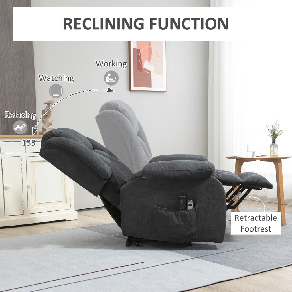 HOMCOM heavy-duty riser and recliner chair in dark grey, featuring massage function and timer for elderly comfort.