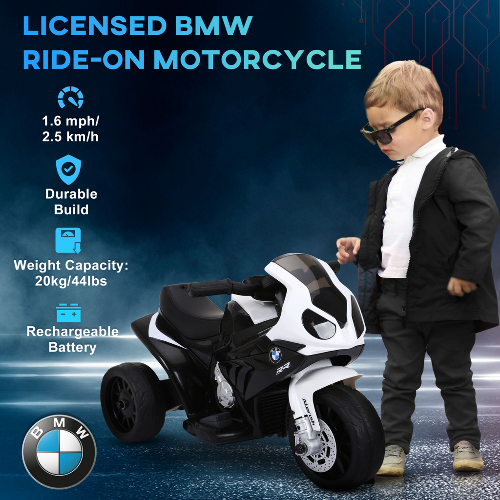 Black BMW licensed electric kids ride-on motorcycle with headlights and music by HOMCOM, designed for fun and adventure.
