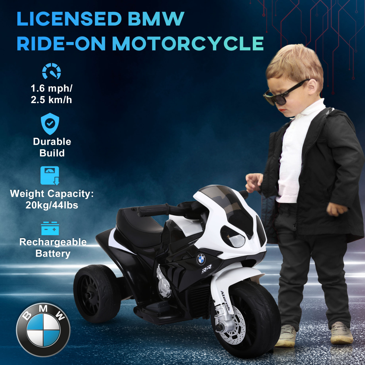 Black BMW licensed electric kids ride-on motorcycle with headlights and music by HOMCOM, designed for fun and adventure.