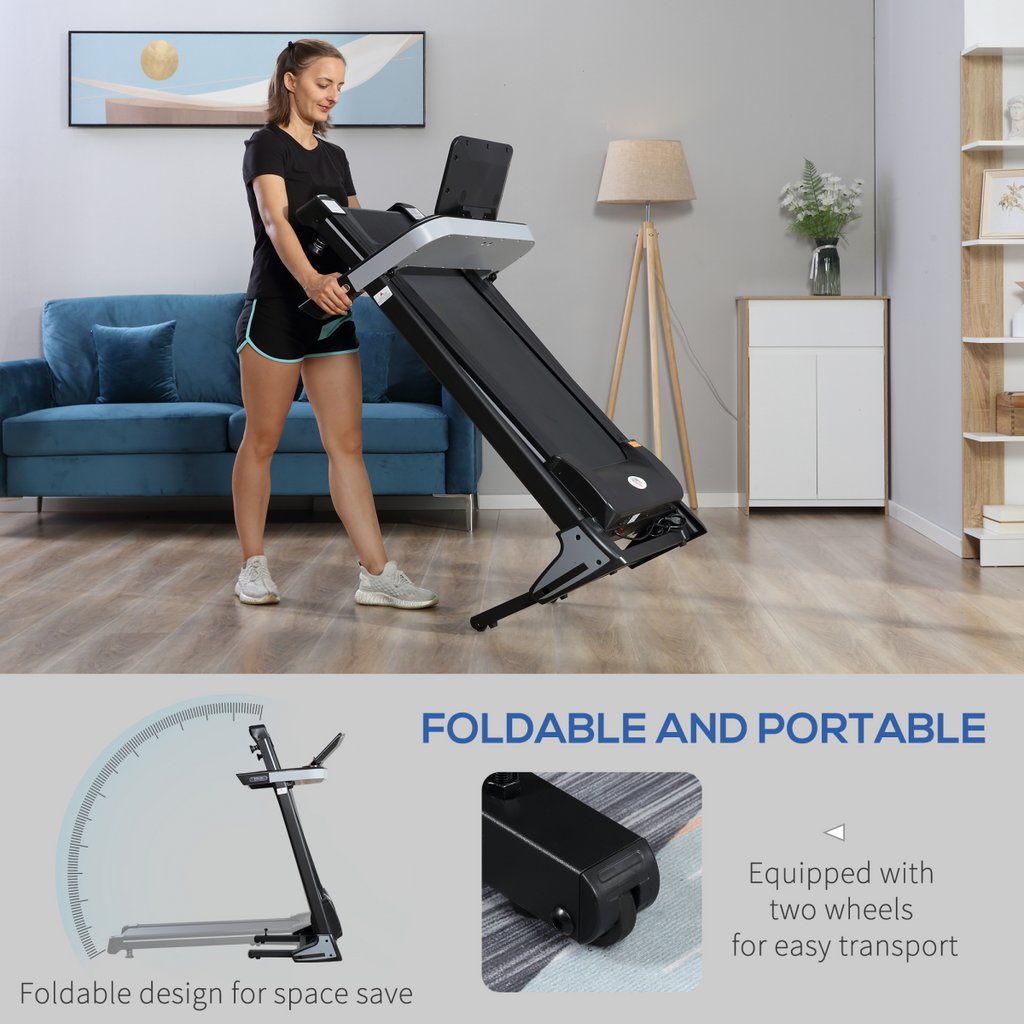 500W motorised treadmill with folding frame, wheels, and preset programs by ActiveGear, showing display and running surface.
