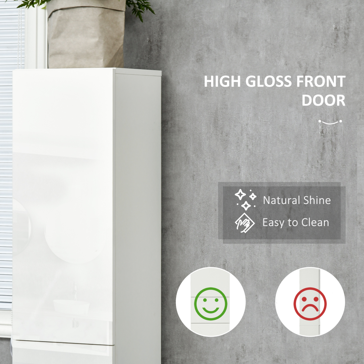 kleankin High Gloss Tall Bathroom Cabinet with Adjustable Shelves White