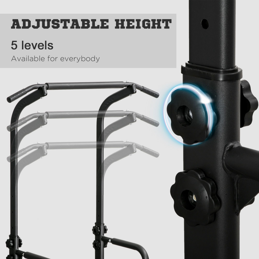 HOMCOM Power Tower Dip Station with pull-up bar for multi-function push-ups in a home gym setting.