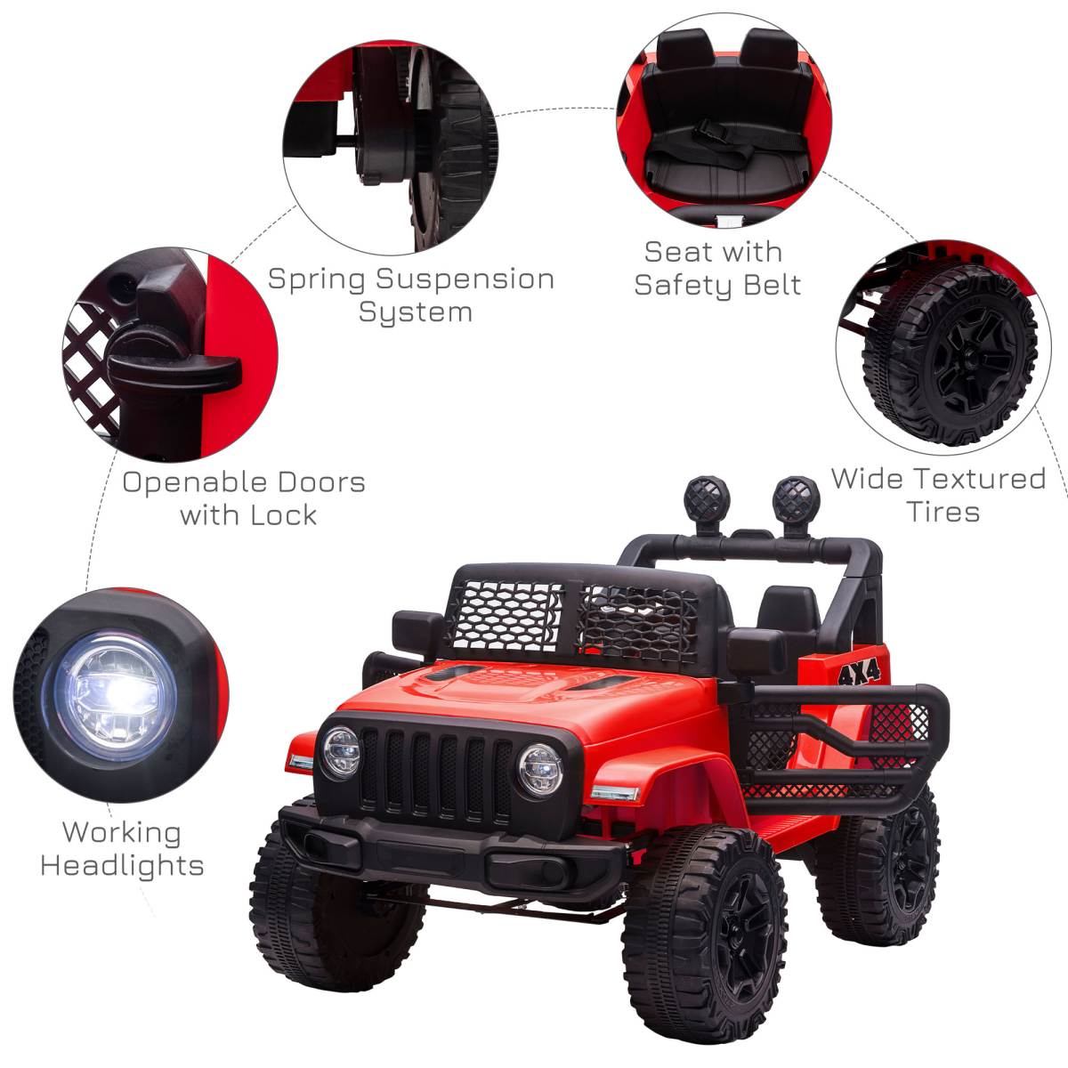 Red HOMCOM 12V Kids Electric Ride On Truck with remote control, designed for off-road fun and outdoor adventures.
