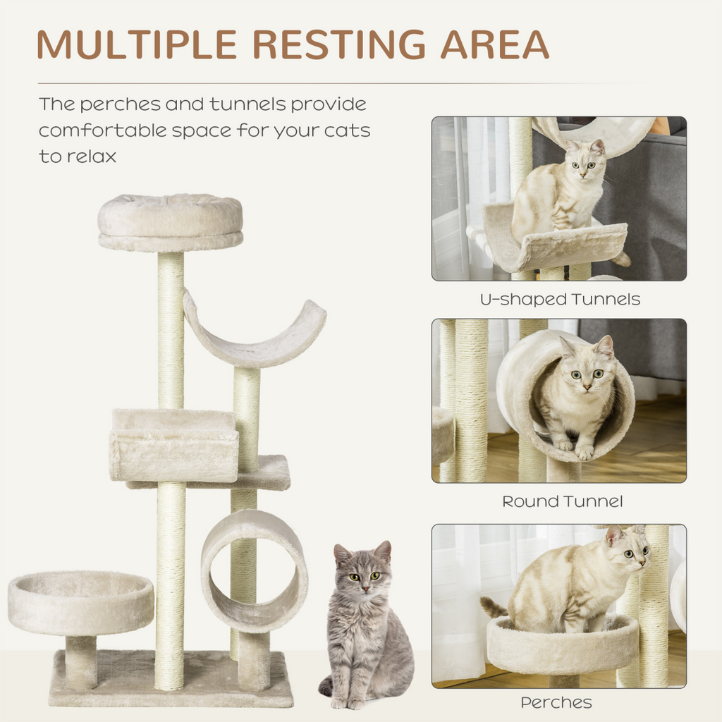 Beige multi-level cat tree from Pawhut featuring scratching posts, perches, and a tunnel for playful cats.