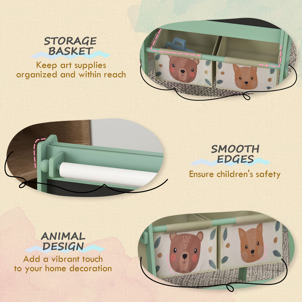 AIYAPLAY Kids Easel with Paper Roll, Blackboard, Whiteboard, Storage, Green