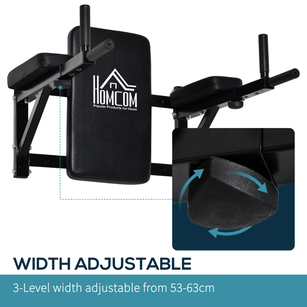 Wall mounted gym rack featuring a dip station, AB knee leg raise, and pull-up bar from ActiveGear.
