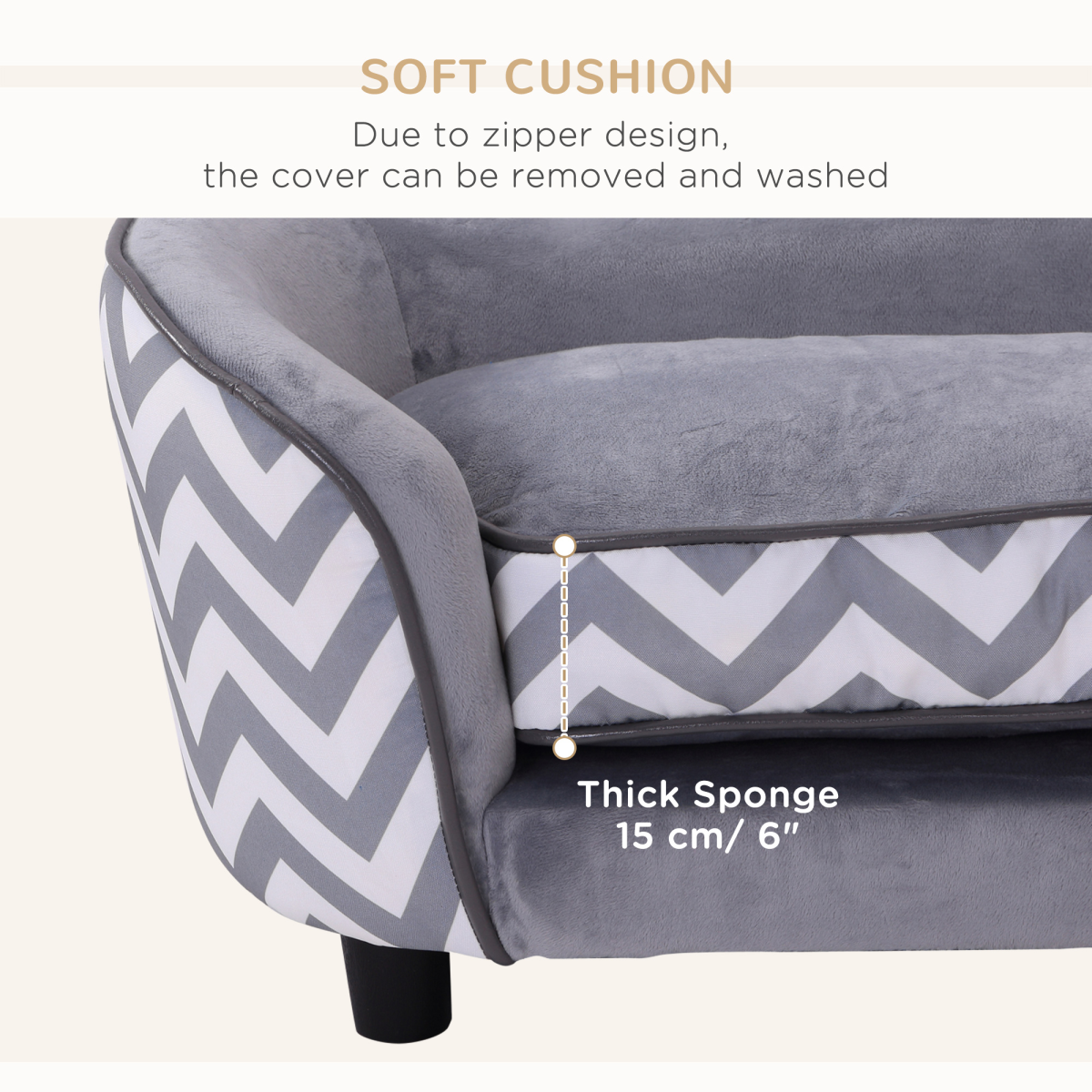 PawHut Dog Sofa Pet Couch for XS Dogs with Removable Sponge Padded Cushion Grey