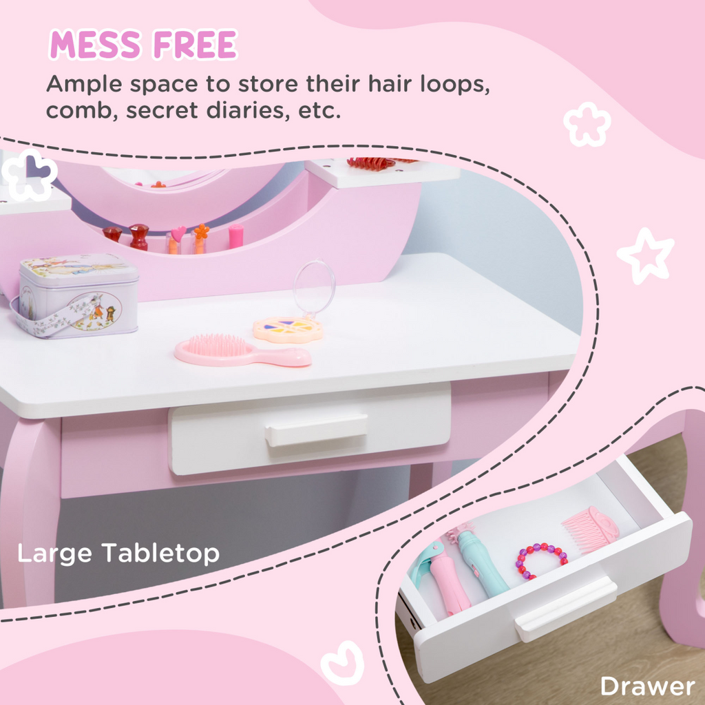 Pink Kids Dressing Table with Mirror and Stool by ZONEKIZ, featuring a drawer, designed for ages 3-6.