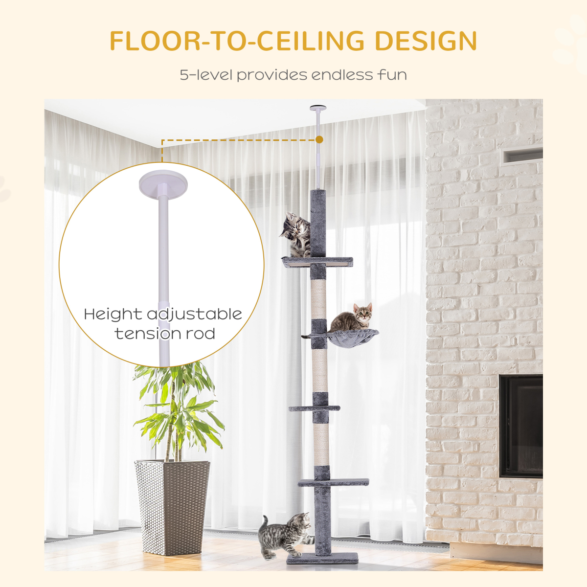 Cat Tree Scratching 5-Tier Kitty Tower  Floor to Ceiling  Adjustable Pawhut