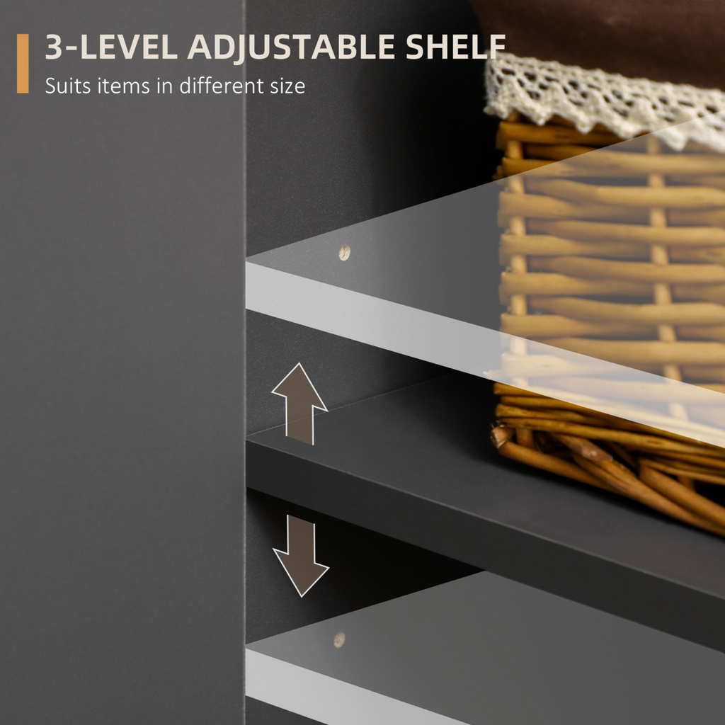 Dark grey HOMCOM sideboard kitchen cupboard with 2 cupboards, 3 drawers, and adjustable shelves.