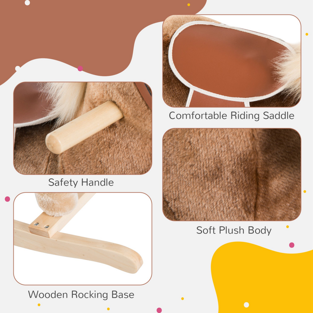 Kids wooden rocking horse by FunZone, featuring plush seating and a sturdy design, ideal for toddlers' playtime fun.