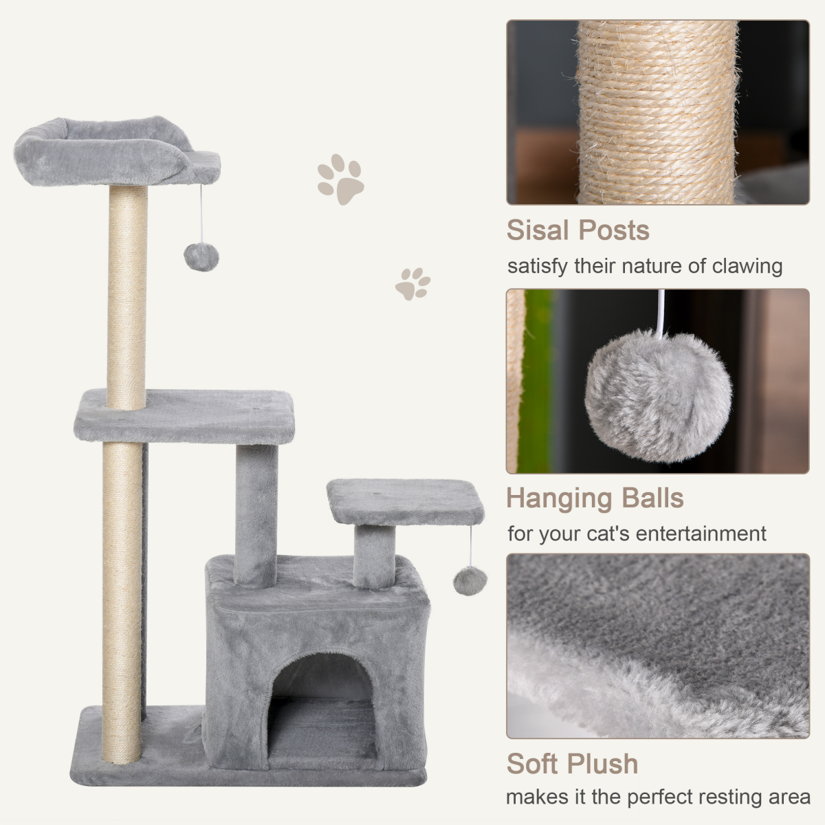 Pawhut cat tree tower featuring scratching posts, hanging ball, and condo, measuring 60x40x114cm, ideal for feline fun.