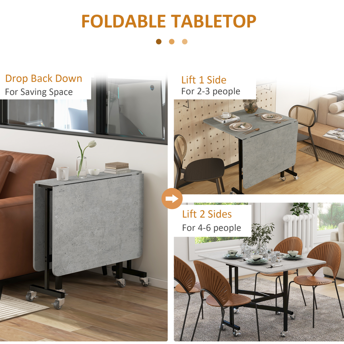 Grey Drop Leaf Table with Wheels by HOMCOM, designed for small spaces, showcasing its folding feature and compact design.