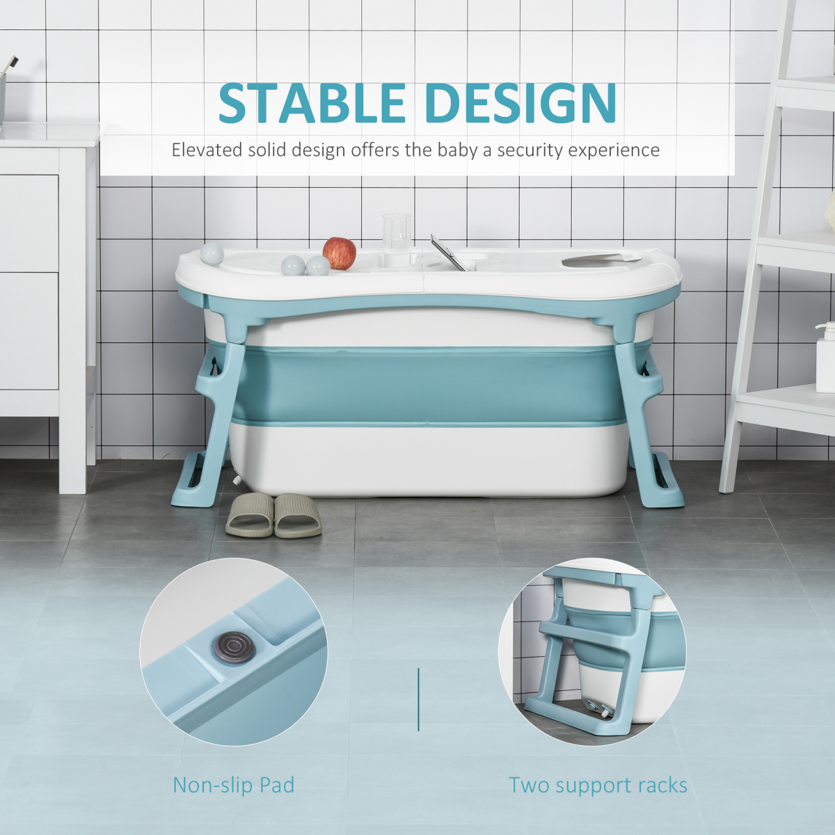 HOMCOM FunZone foldable bathtub for kids, large size with lid, suitable for ages 1 to 12, shown in a bright bathroom setting.